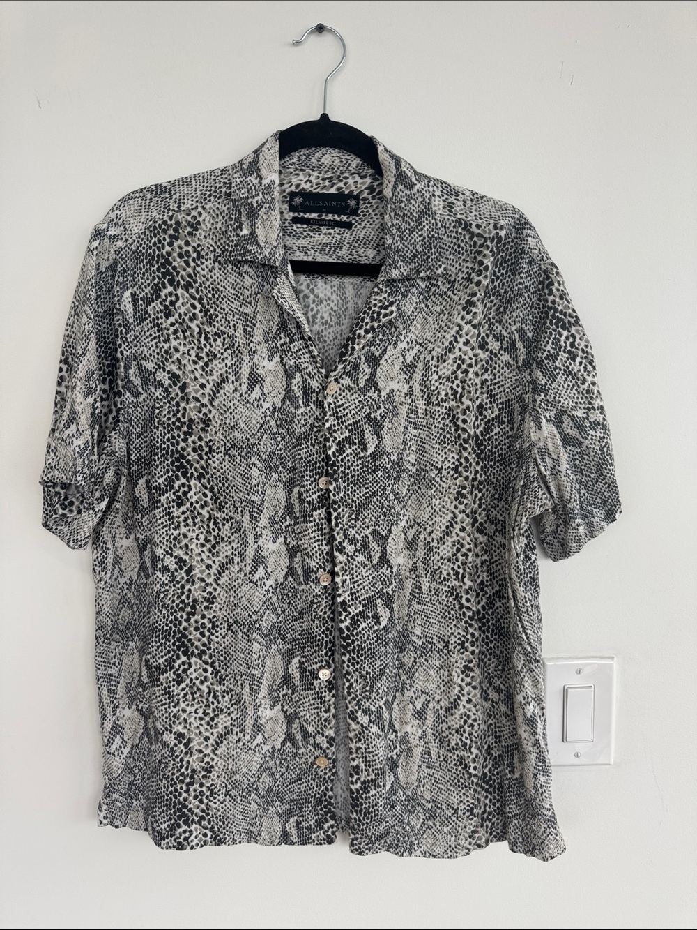 All Saints Black & White Snake-Print Short Sleeve Button Shirt